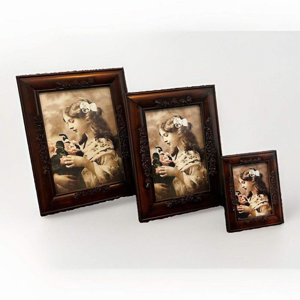 Vtg Faux Wood Picture Frame Set 5x7 4x6 2.5x3.5 Easel Wall Hanging Brown Trio